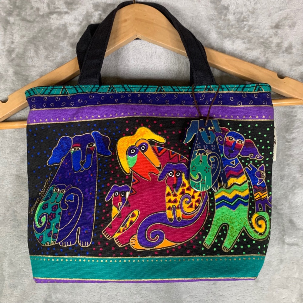 Laurel Burch Dog & Doggies Small Cotton Canvas Tote Bag Dog Charm Whimsical Zip
